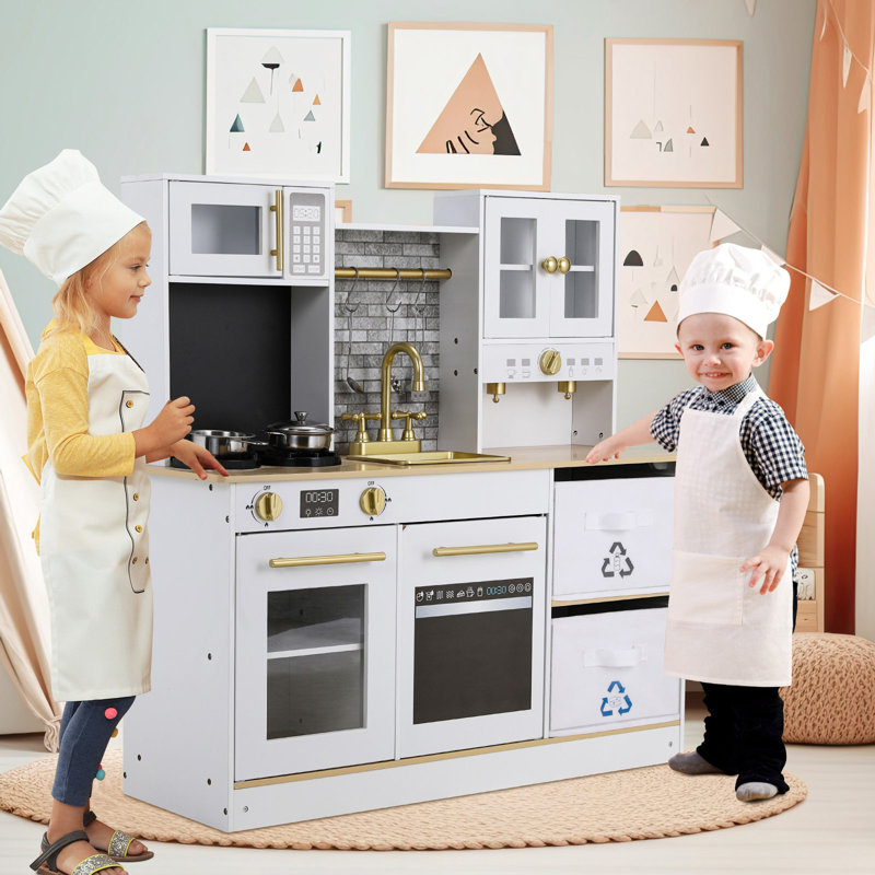 Pirecart Kids Play Kitchen Wooden Pretend Toy Kitchen Toodler Cooking Playset Stove W light Sound Sink Microwave 2 Fabric Boxs Dishwasher Reviews Wayfair